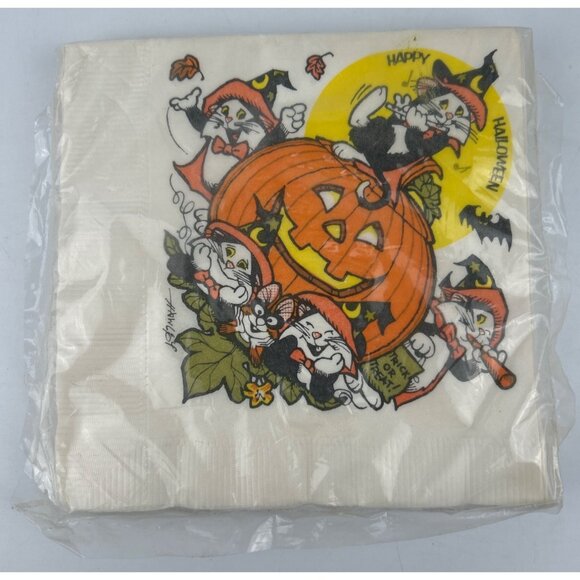 Vintage Halloween Cats & Pumpkin Luncheon Napkins 16 Collectible Party - Picture 1 of 8